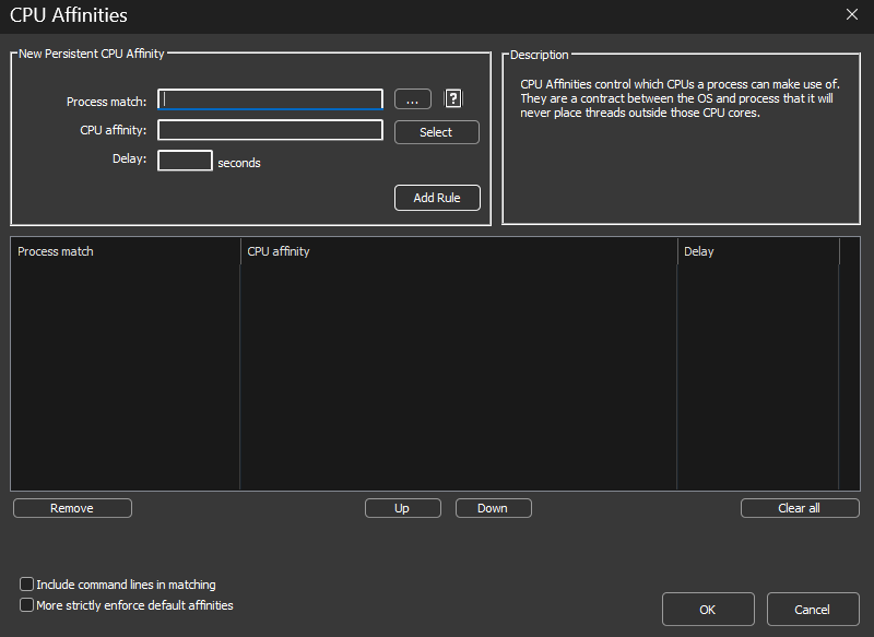 CPU affinity rules dialog