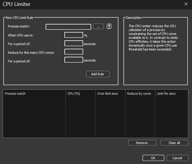 CPU Limiter rules dialog