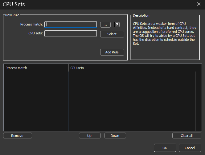 CPU Sets Rules Dialog