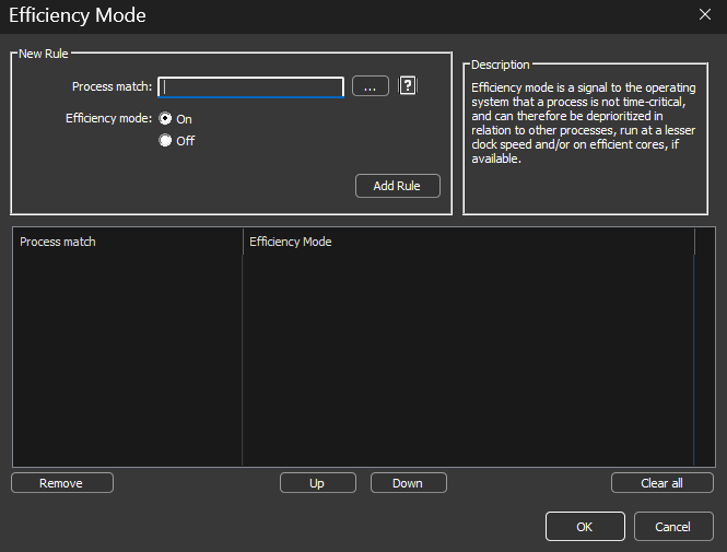Efficiency Mode rules config dialog