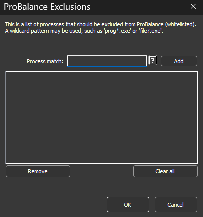 ProBalance exclusions dialog
