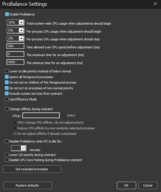 ProBalance Advanced Configuration Dialog