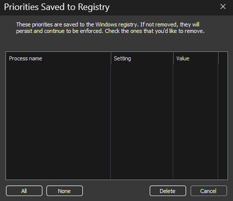 Priorities saved to the registry for review and cleanup