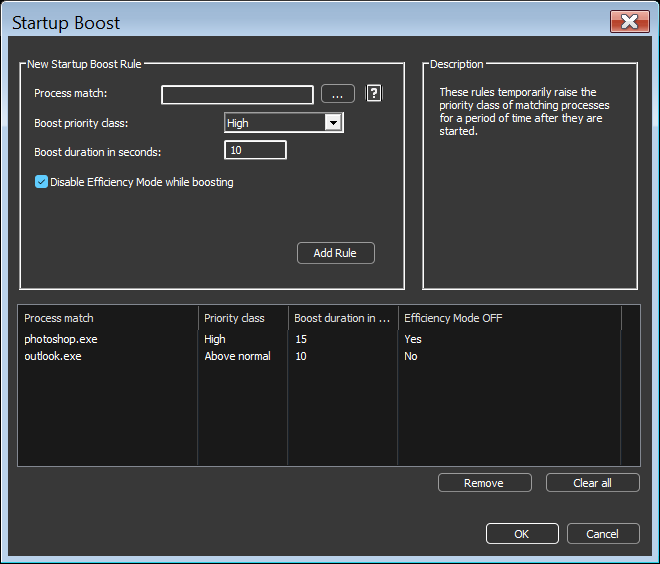 Startup Boost rules dialog