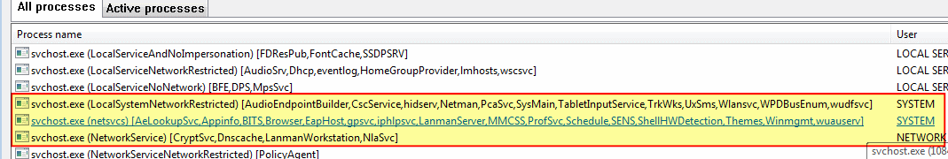Process Lasso Services List within Process Name (in brackets)