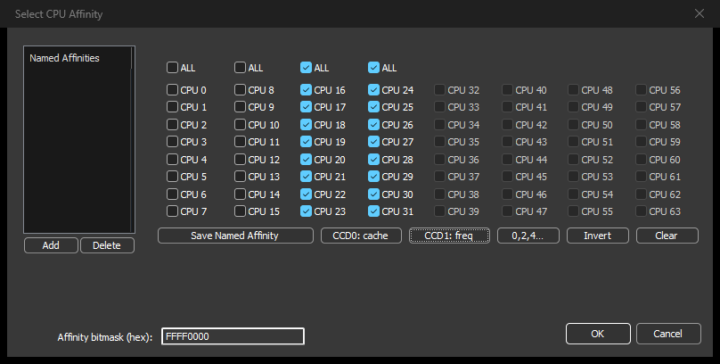 Process Lasso Select CPU Affinity dialog on a 16-core Ryzen X3D, with the CCD1: freq button selecting CPUs 16 to 31