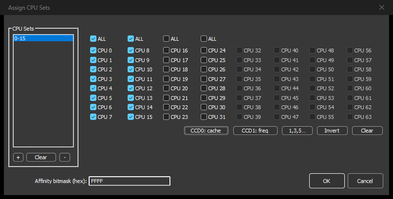 Process Lasso Assign CPU Sets dialog on a 16-core Ryzen X3D, with the CCD0: cache button selecting CPUs 0 to 15
