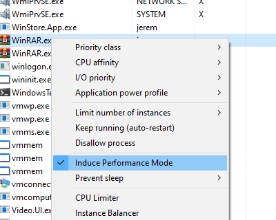 Induce Performance Mode process context menu item
