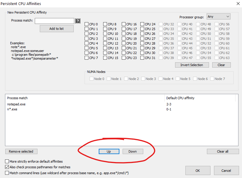 CPU Affinity Rule Config Dialog Up/Down Buttons