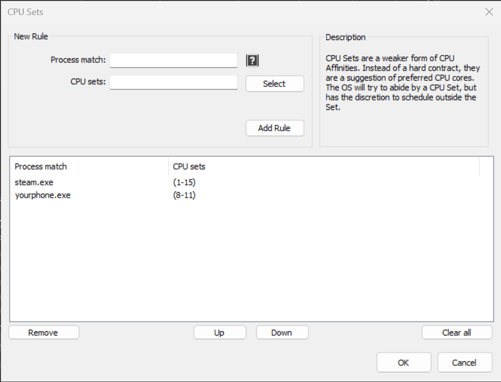 CPU Sets Rules Dialog