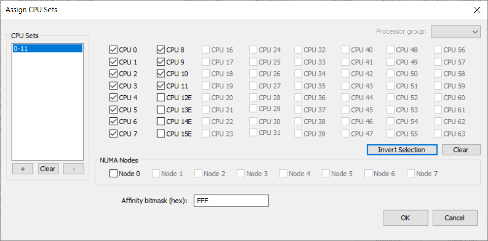 CPU Sets Selection Dialog