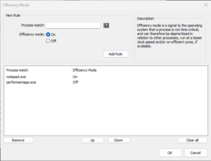 Efficiency mode rules config dialog