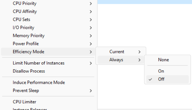 Efficiency mode in process context menu