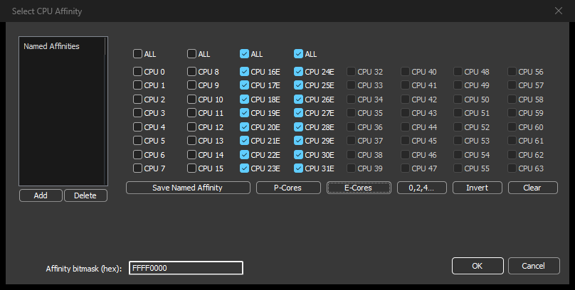 Process Lasso Select CPU Affinity dialog on an Intel CPU with 8 P-cores and 16 E-cores, with the E-Cores button selecting CPUs 16E to 31E