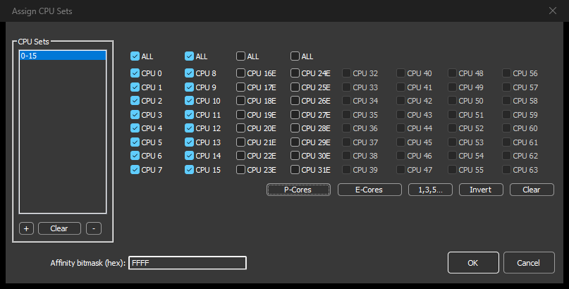 Process Lasso Assign CPU Sets dialog on an Intel CPU with 8 P-cores and 16 E-cores, with the P-Cores button selecting CPUs 0 to 15