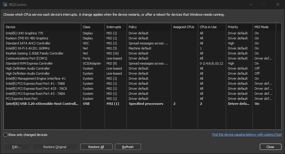IRQControl interrupt affinity policy tool showing a USB controller pinned to CPU 2, with each device's interrupts, policy, assigned CPUs, the CPUs in use, priority and MSI mode