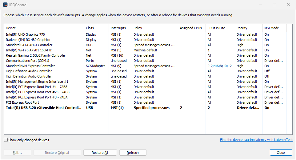 IRQControl interrupt affinity policy tool showing a USB controller pinned to CPU 2, with each device's interrupts, policy, assigned CPUs, the CPUs in use, priority and MSI mode