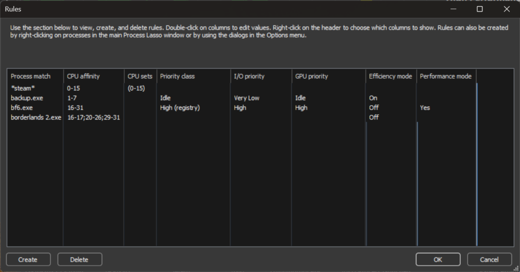 This is a big one! Process Lasso v17 adds a consolidated rules view and a process/game selection dialog. Now you can view and edit most of your process rules from a central location. This release also adds dark mode support to most supplemental dialogs, providing a more consistent user interface experience.