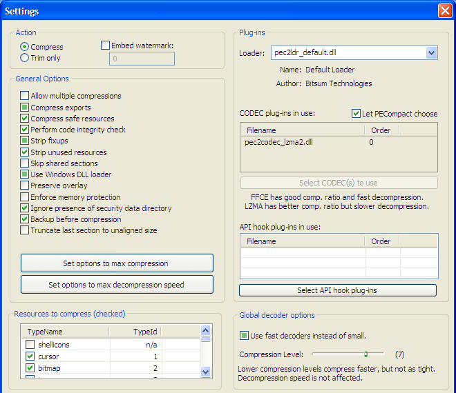 PECompact settings dialog with general options, resources to compress, and loader, CODEC and API hook plug-in selections