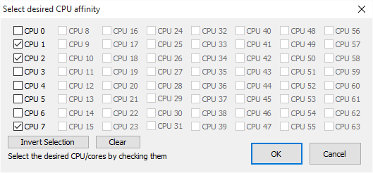 CPU affinity selection dialog