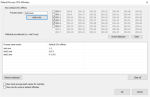 Default CPU Affinity list dialog