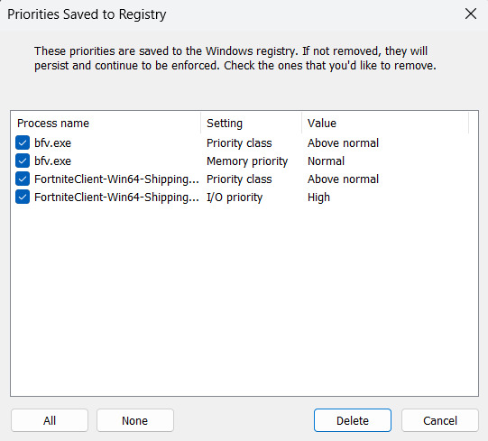 Priorities saved to the registry for review and cleanup