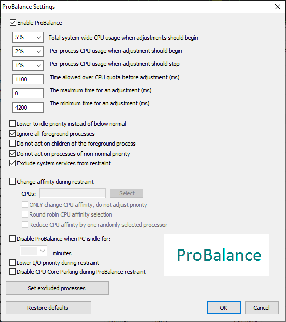 ProBalance Advanced Settings dialog