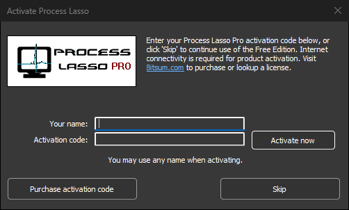 The Activate Process Lasso dialog, with Your name and Activation code fields and the Activate now button
