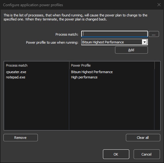 Default power profiles dialog: switch power plans while specific processes are running