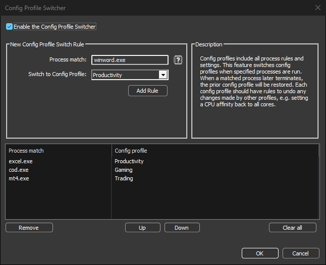 Config Profile Switcher: switch configuration profiles when matched processes run