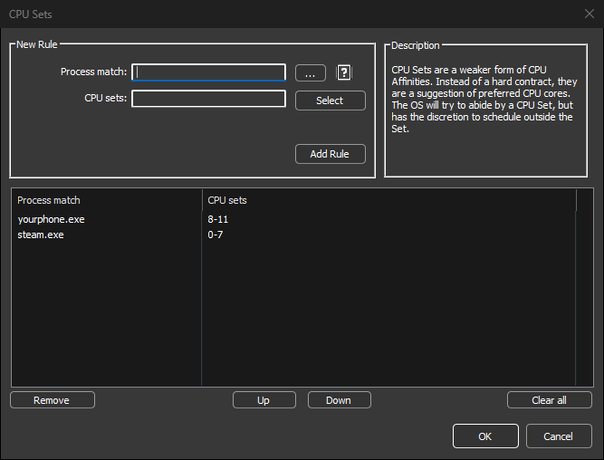CPU Sets rules dialog listing processes and their preferred CPU sets