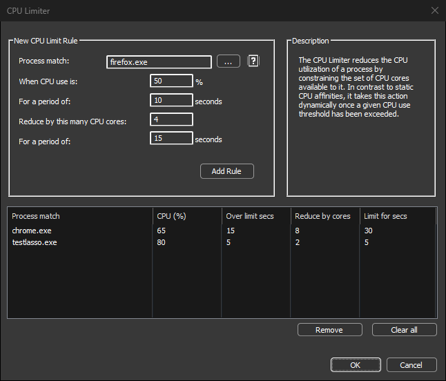 CPU Limiter rule dialog: reduce a process to fewer cores when its CPU use exceeds a threshold