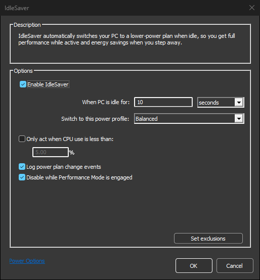IdleSaver dialog: switch to a chosen power plan after the PC is idle for a set time