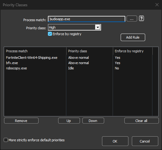 Priority Classes dialog with per-process priority rules, optionally enforced by registry