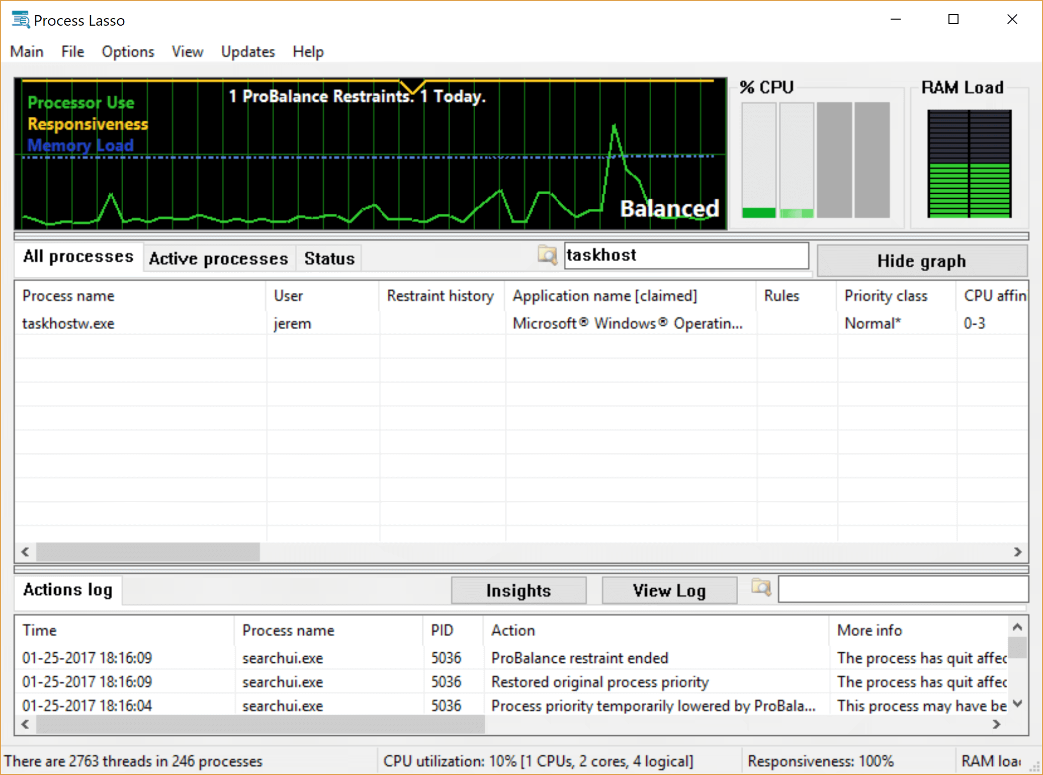 Process Lasso Screenshot of filtered process view