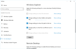 Windows 10 For Developer Settings Screenshot