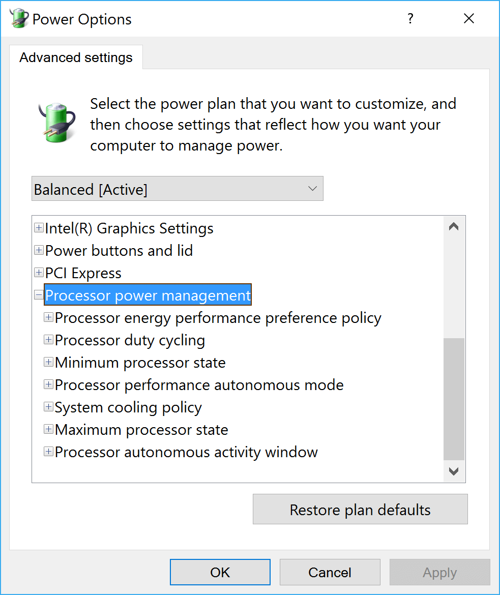 Windows Power Profile CPU Options for Skylake