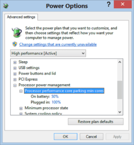 Show core parking settings in Windows Power Options
